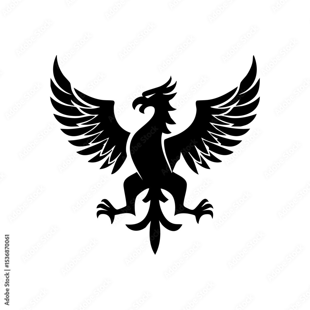 Obraz premium Vector logo of a griffin with wings extended in a powerful heraldic stance. Black mythical griffin icon representing strength, nobility, and guardianship.