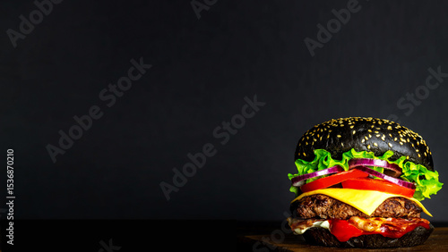 Gourmet burger with poppy bun on a wooden tray black background.