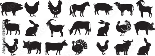 Farm Animals Vector Set Illustration Featuring Cow, Pig, Sheep, and Chicken in Flat Cartoon Style – Perfect for Educational Materials, Kids' Designs, Farm-Themed Decor, and Branding