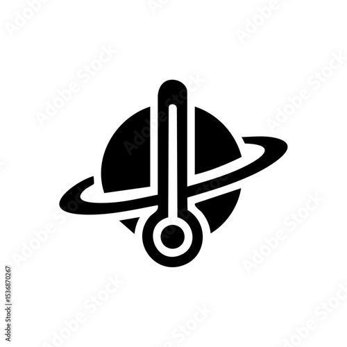 Vector icon of a rising thermometer over a planet, symbolizing global warming.

