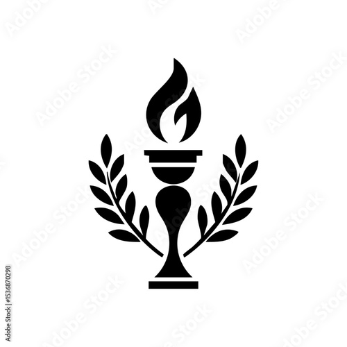 Symbolic vector logo of a torch flanked by olive branches in minimalist design.

