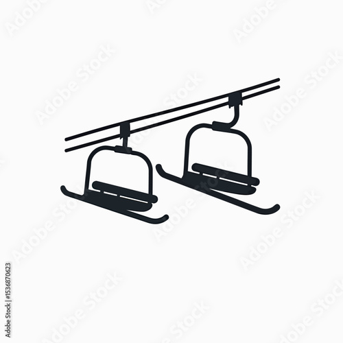 A minimalist black silhouette icon of a double chairlift with skis attached, representing winter sports, ski resorts, and alpine adventure on a white background.
