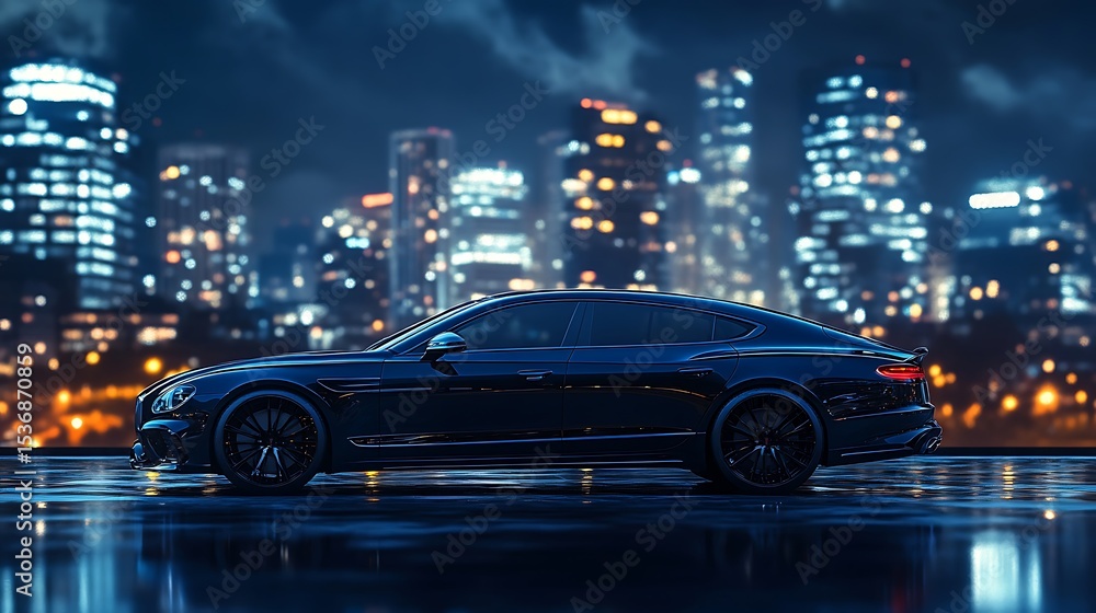 Obraz premium Modern car on the road in the city at night.