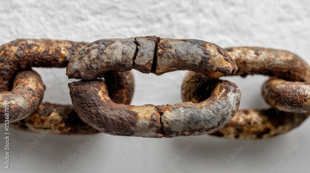 Fototapeta premium Rusted broken chain links on white surface, aged metal decay, minimalist industrial damage
