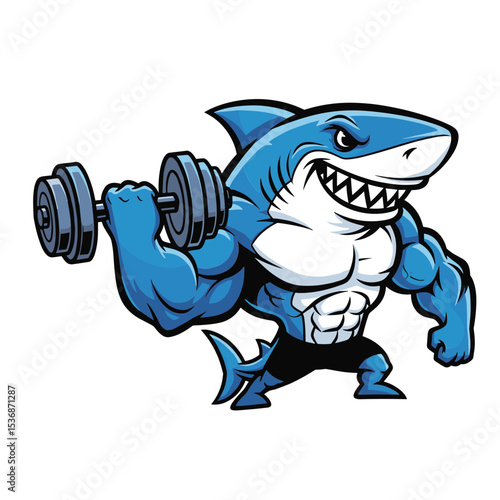 Cartoon muscular shark lifting dumbbells in a strongman pose, showcasing strength and fitness for gym mascot or sport illustration purposes.