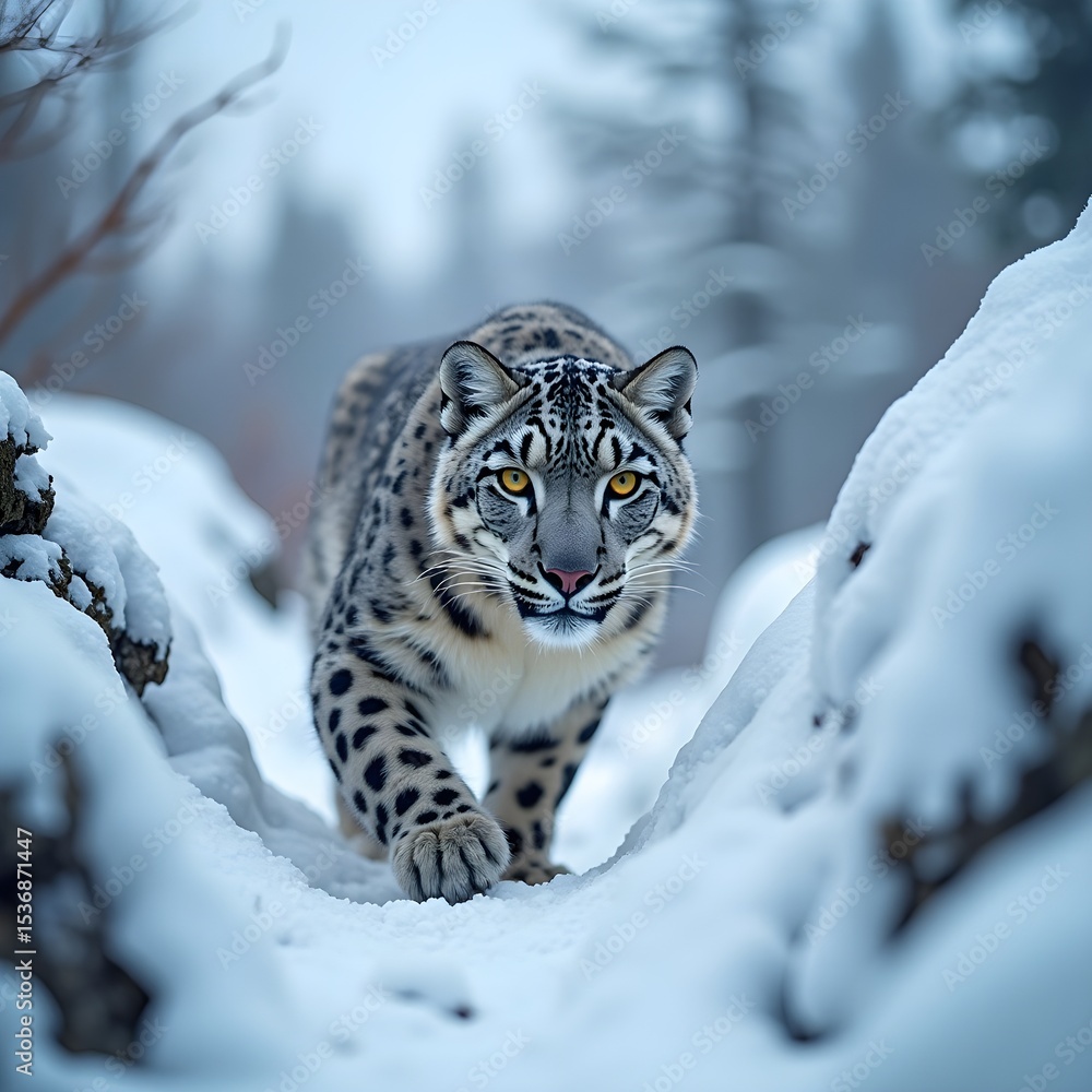 Obraz premium A Snow Leopard walking through the snowy mountains.