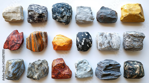Assorted rocks arranged on white background