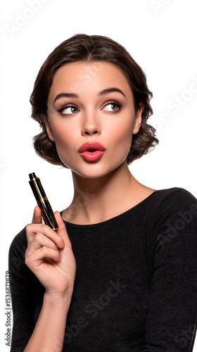 A beautiful woman with thick eyebrows is applying mascara to her eyelashes, her lips slightly parted and she has an exaggerated pouty expression on her face