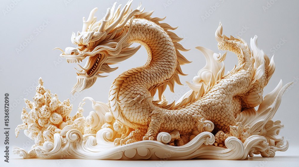 Obraz premium Beige Chinese Dragon Sculpture on White Background