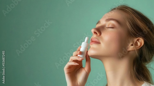 Woman Using Nasal Spray Allergy Sinus Relief Indoors