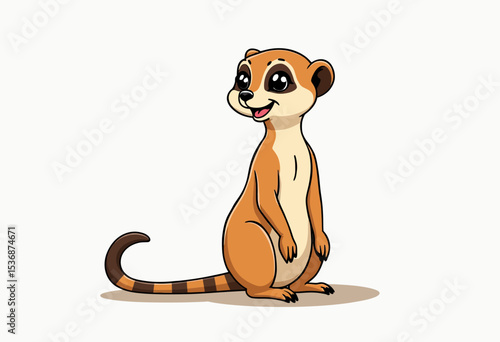 A cute cartoon meerkat character standing alert and looking aside with a friendly smile, a charming isolated vector illustration for children's books or mascots.
