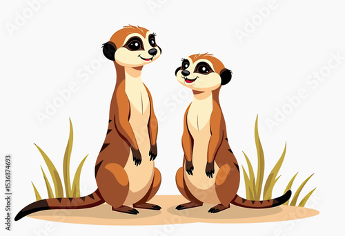 A charming cartoon illustration of two friendly meerkats standing together on sandy ground, showcasing social behavior and curiosity in a cute wildlife vector.
