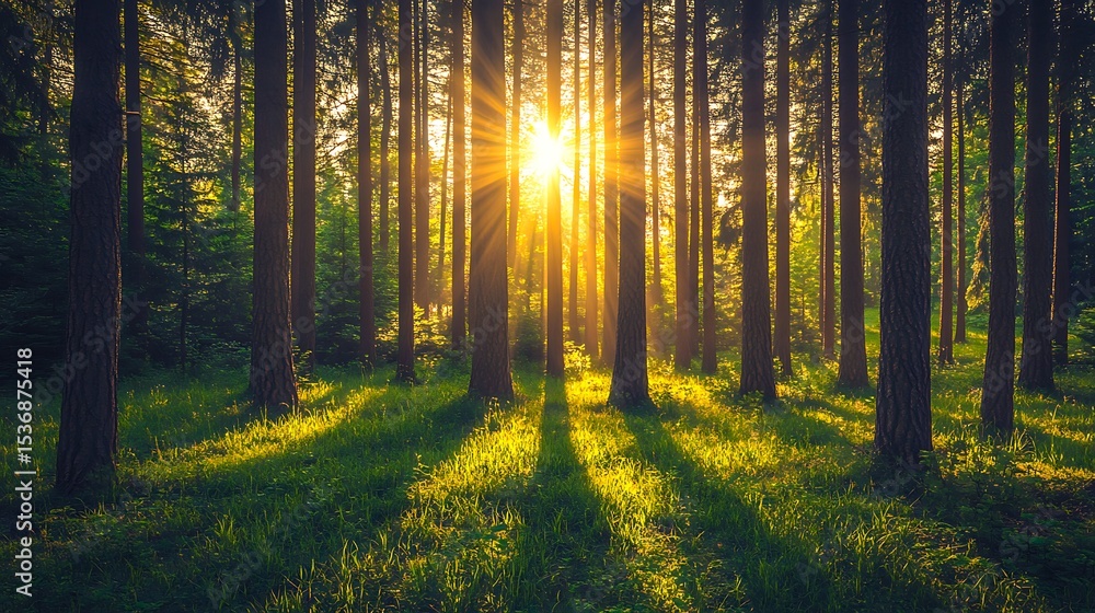 Fototapeta premium Beautiful green forest with sunrise light shining through tall trees