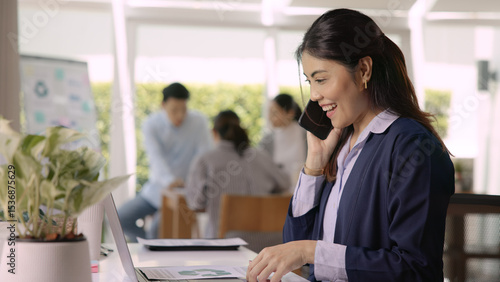 Tableau sur toile Real estate agent female asia people go green net zero waste control ESG audit office desk