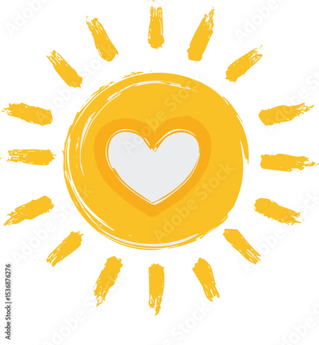 A simple yellow hand-drawn sun with a heart shape at the center, surrounded by radiating brush stroke lines. The illustration has a rough, textured brush style, giving a warm and cheerful appearance. 