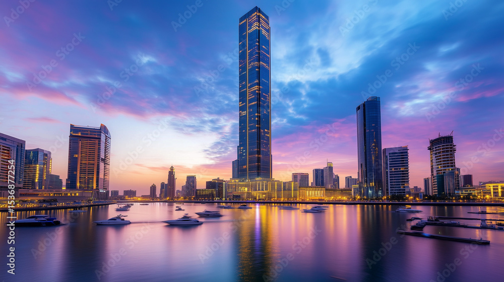 Naklejka premium Urban Harbour Night Skyline with Skyscrapers and Neon Reflections