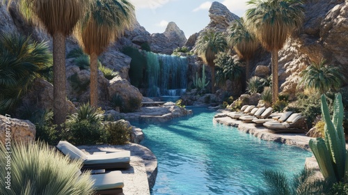 Fototapeta Naklejka Na Ścianę i Meble -  A luxurious resort with waterfalls palm trees and pools