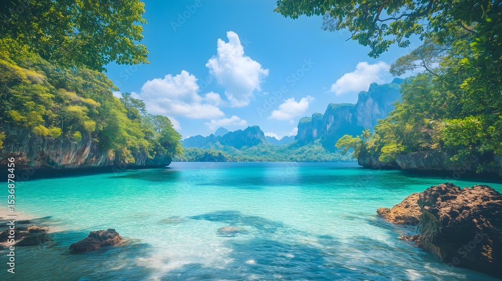 Fototapeta premium Secluded tropical beach with clear waters and lush green surroundings in the Andaman Islands