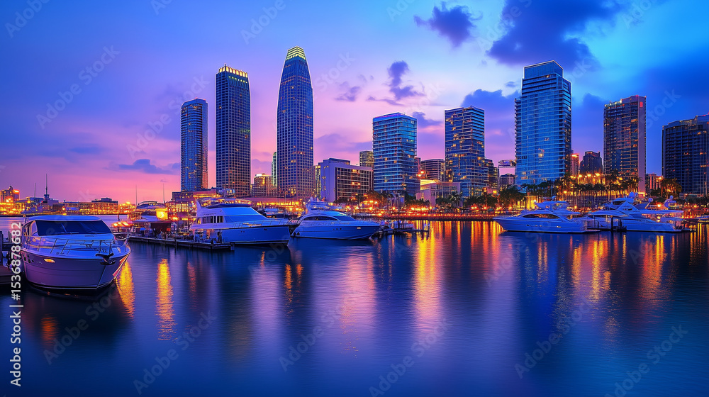 Fototapeta premium Urban Harbour Night Skyline with Skyscrapers and Neon Reflections