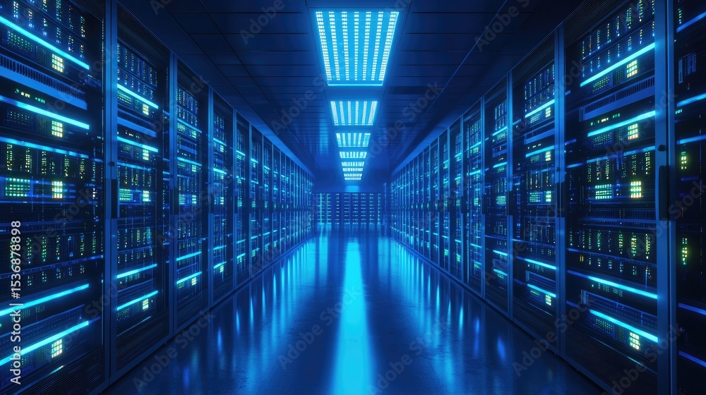 Futuristic server room with glowing blue LED lights, showcasing symmetrical rows of data center racks and advanced technology for cloud storage, cybersecurity, and infrastructure visuals Futuristic server room with glowing blue LED lights, showcasing symmetrical rows of data center racks and advanced technology for cloud storage, cybersecurity, and infrastructure visuals