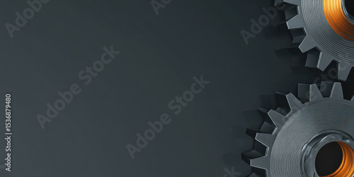 Creative Abstract Industrial Background: Minimalist Gear Icon in Cinema4D Style with Octane Rendering. 3D Design on Dark Gray Matte Surface, Orange Light Beam. Black Cubist Illustration Radiating Indu
