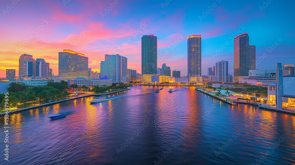 Fototapeta premium Urban Harbour Night Skyline with Skyscrapers and Neon Reflections