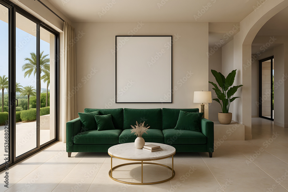 Fototapeta premium Modern living room with green velvet sofa and mockup poster
