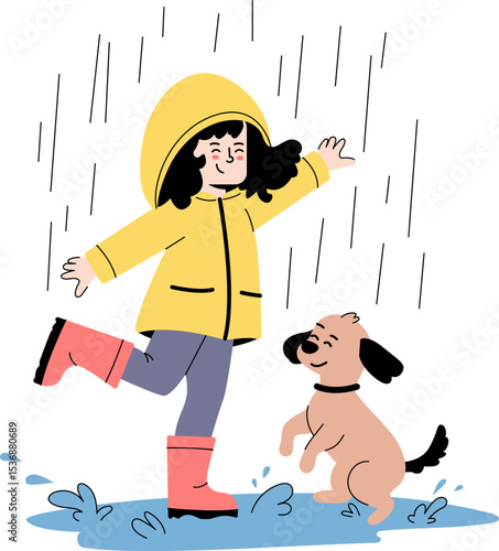  cute girl dancing in the rain with dog illustration