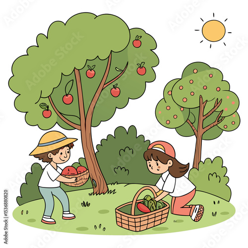  Dos niños recolectando frutas en un huerto con árboles de manzanas. El cielo está despejado y el sol brilla, creando una escena alegre y natural.
