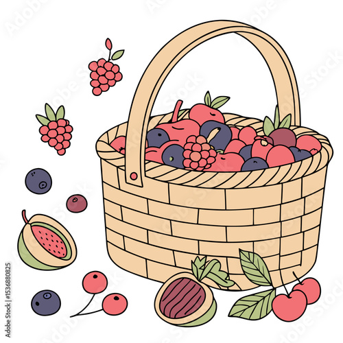 Una canasta tejida llena de frutas variadas como manzanas, cerezas, ciruelas y bayas. Alrededor hay frutas sueltas decorando la composición sobre fondo blanco.
