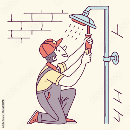  Un fontanero joven arreglando una ducha en una pared de baño. Lleva gorra y uniforme de trabajo, trabajando de rodillas.
