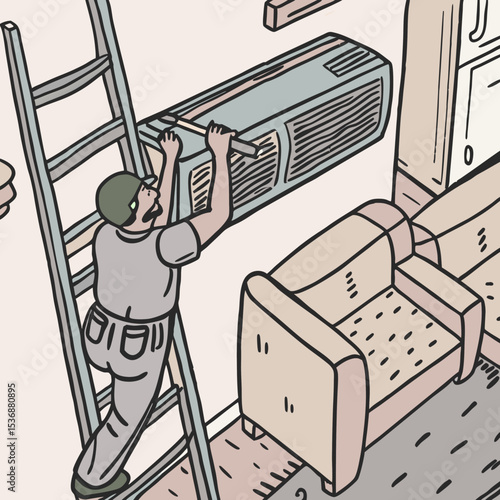  Un técnico de mantenimiento en una escalera trabaja arreglando una unidad de aire acondicionado montada en la pared interior de una sala.
