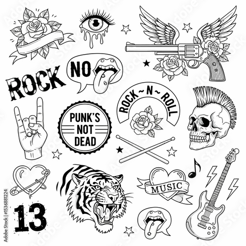Rock and Roll Punk Culture Elements Doodle Set Illustration