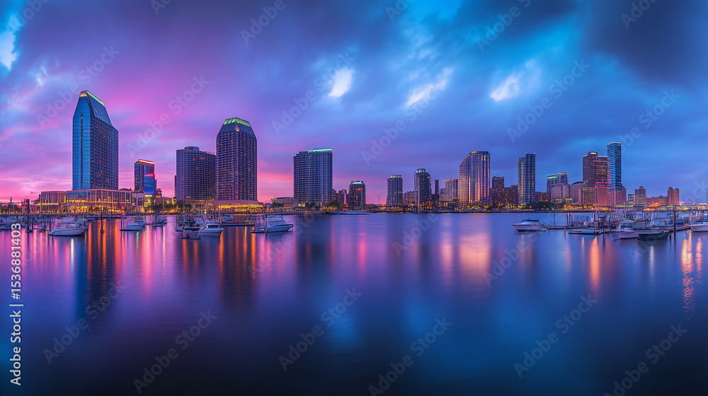 Fototapeta premium Urban Harbour Night Skyline with Skyscrapers and Neon Reflections