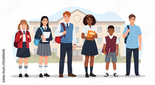 Diverse Group of Students in Uniforms Standing in Front of School Building
