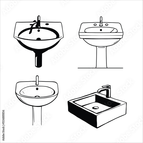 Sink Designs Collection – Representation of Sanitary Aesthetics, Plumbing Functionality, and Bathroom Variety Vector Illustration