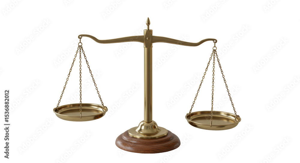 Isolated Brass Balance Scale with Empty Pans on Wooden Base Isolated Brass Balance Scale with Empty Pans on Wooden Base