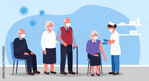 Elderly Vaccination Program People Get Covid-19 Vaccine Illustration