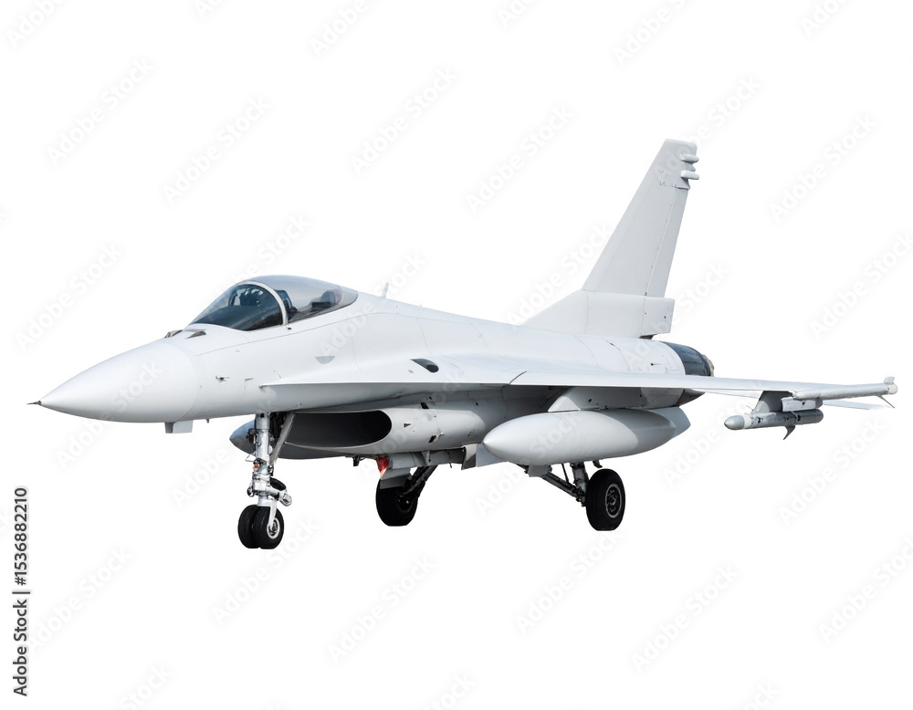 Obraz premium Modern fighter jet side view isolated on white, advanced military aircraft.