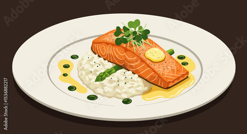 Grilled Salmon Fillet With Risotto And Asparagus On White Plate