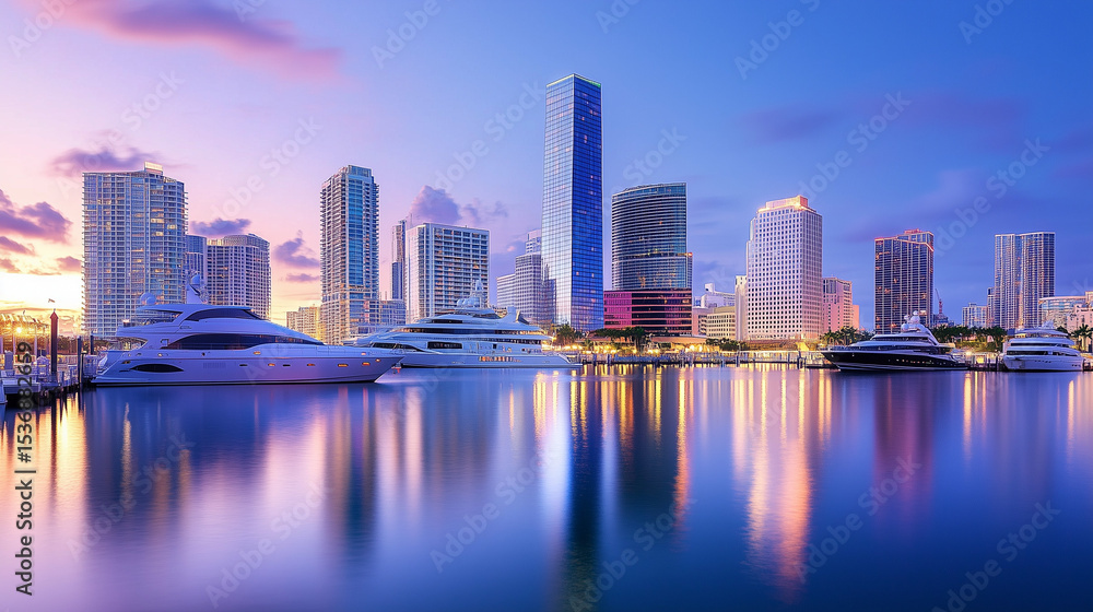Naklejka premium Urban Harbour Night Skyline with Skyscrapers and Neon Reflections