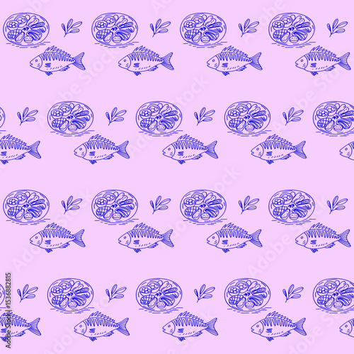 Seamless Mediterranean Fish Food Textile Print Pattern. Travel Vacation Rest Theme. Summer Resort Fabric Swatch Doodle Line Hand Crafted Decoration. Simple Line Art Sketch Outline Drawing.