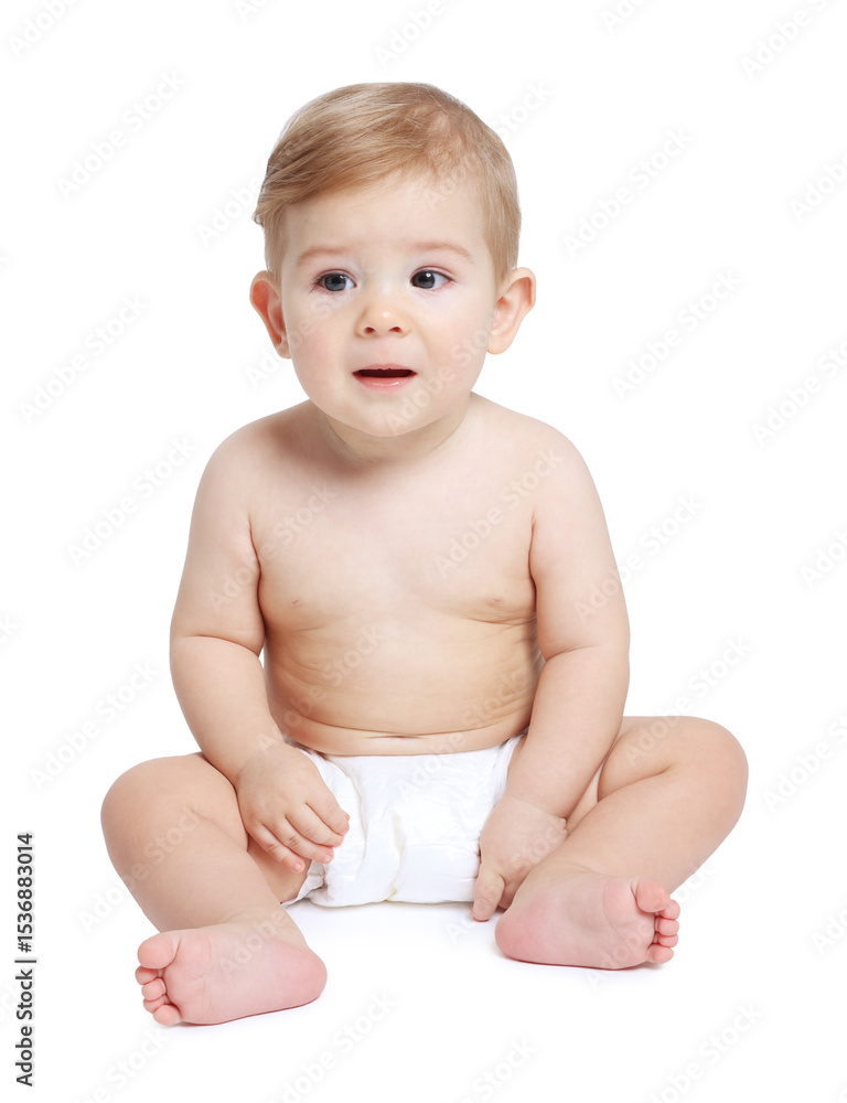 Cute little baby sitting on white background Cute little baby sitting on white background