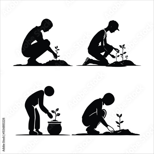 People Planting Trees – Representation of Sustainability, Nature Care, and Community Involvement Vector Illustration