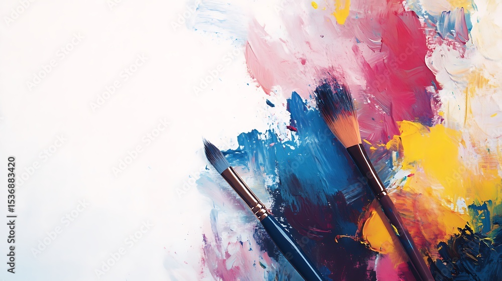 Fototapeta premium Paint brushes on abstract colorful background. Art and creativity concept.