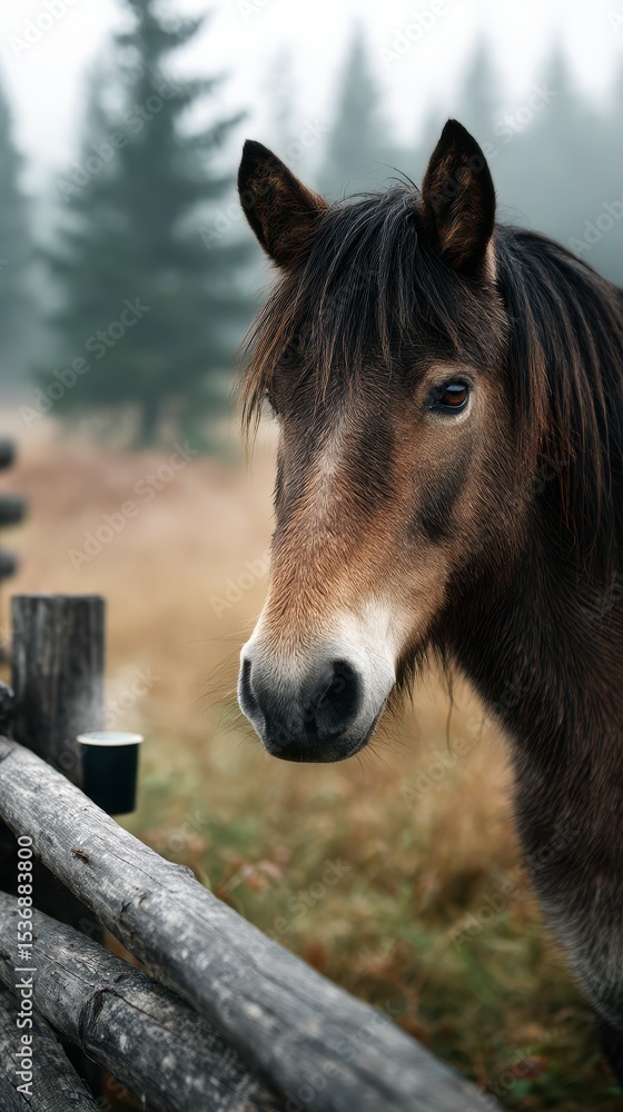 Naklejka premium Brown horse stands close to a rustic wooden fence in a foggy forest setting during early morning hours