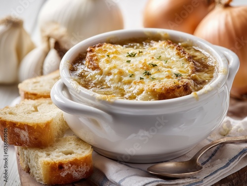 A bowl of french onion soup with melted cheese and bread slices on a table with onions and garlic