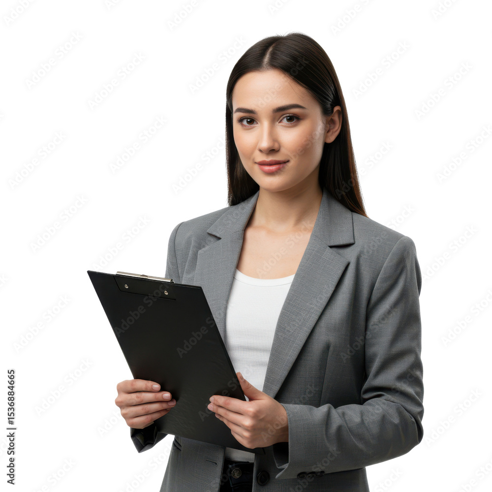 Businesswoman holding clipboard isolated on transparent background Businesswoman holding clipboard isolated on transparent background