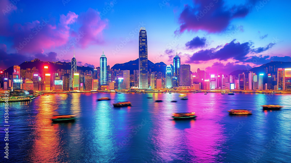 Fototapeta premium Urban Harbour Night Skyline with Skyscrapers and Neon Reflections