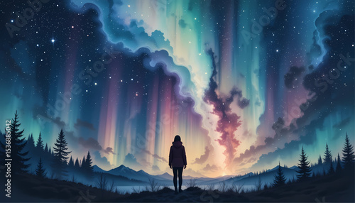 A lone figure gazes at the celestial aurora borealis display